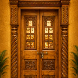 Durga Royal Peacock & Brass Bell Carved Teak Wood Pooja/Main Door