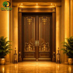 Durga Classic French Baroque Gold-Accent Teak Wood Double Door Set