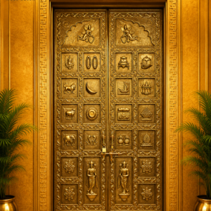 Durga Divine Ashta Mangala & Vedic Motif Gold Leaf Teak Wood Double Door