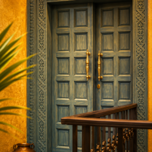 Durga Vintage Teal Heritage Carved Teak Wood Double Door Set