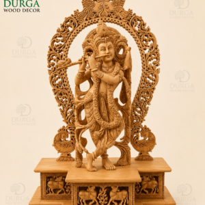 Durga Divine Lord Krishna Flute-Playing Hand-Carved Wooden Statue
