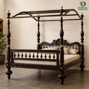 Durga Vintage Colonial Four-Poster Teak Wood Canopy Bed Set
