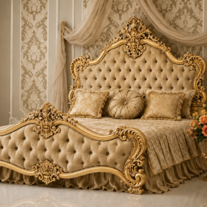 Durga Antique Gold Baroque Tufted Teak Wood Luxury Bed Set