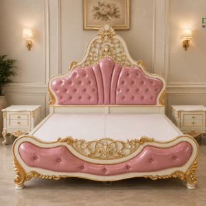 Durga Royal Rococo Queen Pink Leatherette Gold & White Luxury Bed Set