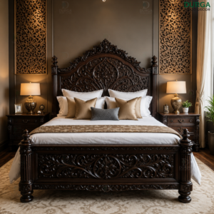 Durga Antique Imperial Floral Carved Teak Wood Luxury Bed Set