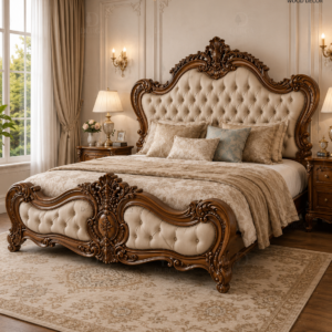 Durga Royal Italian Baroque Tufted Teak Wood Luxury Bed Set