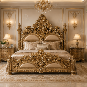 Durga Ultra-Luxury Grand Baroque Antique Gold Carved Teak Wood Bed Set