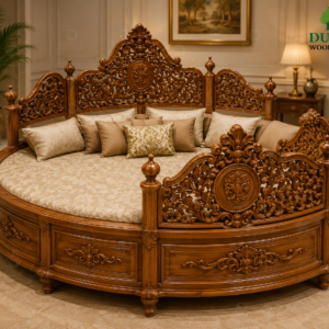 Durga Royal Maharaja Circular Carved Teak Wood Luxury Round Bed