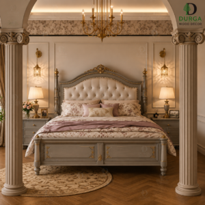 Durga Neo-Classical French Grey Tufted Teak Wood Luxury Bed Set