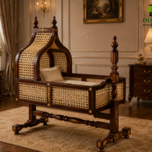 Durga Vintage Colonial Cane & Teak Wood Luxury Hooded Cradle / Palna