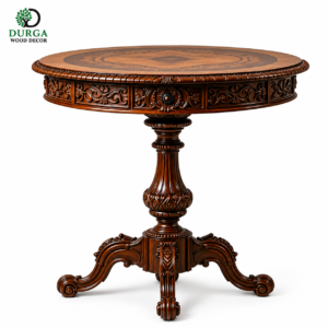 Royal Marquetry Carved Teak Wood Pedestal Table