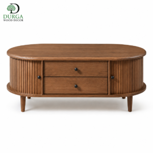 Capsule-Oval Tambour Slatted Teak Wood Center Table