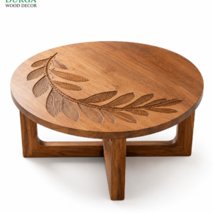 Minimalist Leaf-Carved Round Teak Wood Center Table