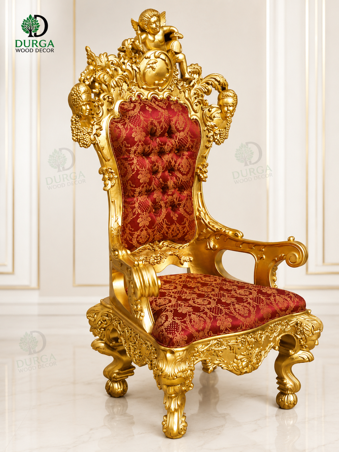 Royal Baroque Carved Gilded Teak Wood Throne Chair