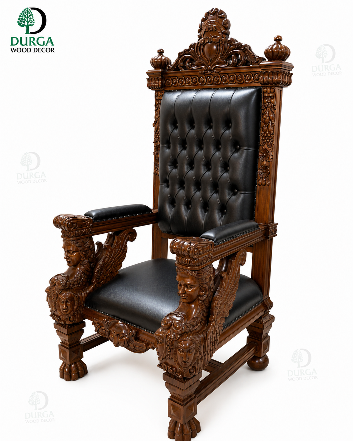 Royal Gothic Mythological Carved Teak Wood Throne Chair