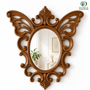 Durga Luxury Oval Butterfly Crest Carved Teak Wood Decorative Wall Mirror Frame