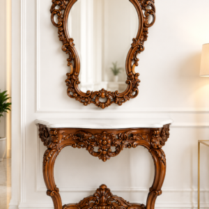 Durga Royal Baroque Marble Top Carved Teak Wood Console Table & Mirror Set