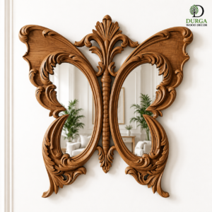 Durga Luxury Grand Dual-Panel Butterfly Carved Teak Wood Wall Mirror Frame