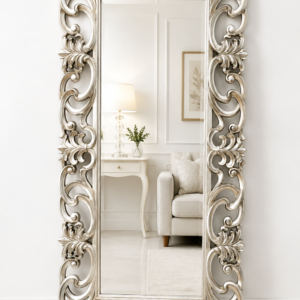 Durga Luxury Baroque Silver Leaf Carved Teak Wood Full-Length Dressing Mirror Frame