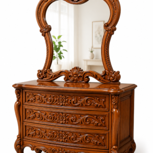 Durga Royal Baroque Carved Teak Wood Luxury Dressing Table & Mirror Set