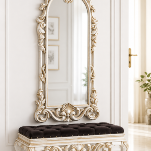 Durga Royal Baroque Off-White Carved Teak Wood Console Bench & Arched Mirror Set
