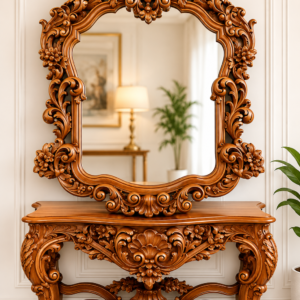 Durga Royal Baroque Teak Wood Luxury Console Table & Mirror Set