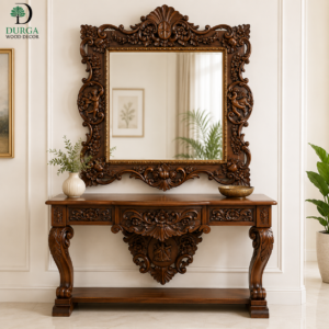 Durga Luxury Cherub Motif Antique Carved Teak Wood Console Table & Mirror Set