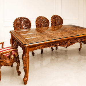 Durga Royal Tree of Life Carved Teak Wood Glass Top Dining Table Set
