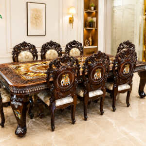 Durga Royal Maharaja Inlaid Teak Wood Luxury 8-Seater Dining Table Set