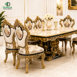 Durga Royal Baroque Marble Top Carved Teak Wood Luxury Dining Table Set