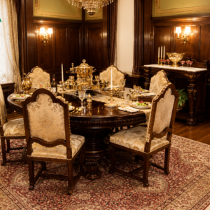 Durga Royal Maharaja Grand Oval Upholstered Teak Wood Luxury Dining Table Set