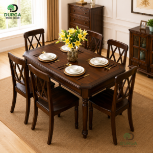 Durga Premium Cross-Back Teak Wood 6-Seater Dining Table Set
