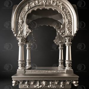 Grand Silver-Coated Teak Wood Pooja Mandir (Shree Tulja Bhavani Style)