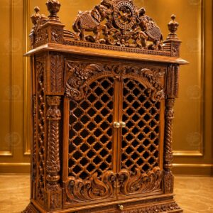 Premium Hand-Carved Teak Wood Cabinet Mandir with Elephant Crown