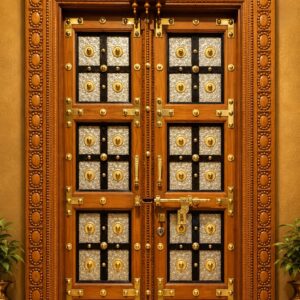 Royal Carved Teak Wood Main Door with Brass Accents